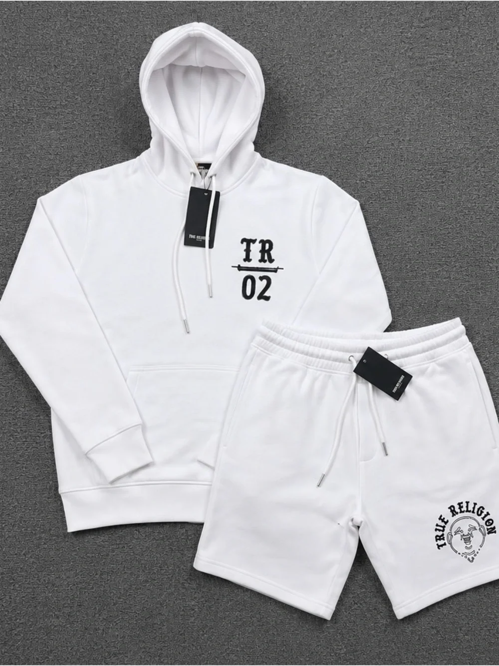 True Religion White Hoodie with Black Graphic with shorts